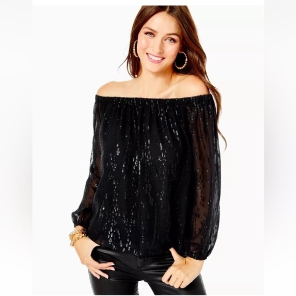 Lilly Pulitzer Emilee Long Sleeve Off Shoulder Blouse Onyx Silk Chiffon S $188 - Picture 1 of 11